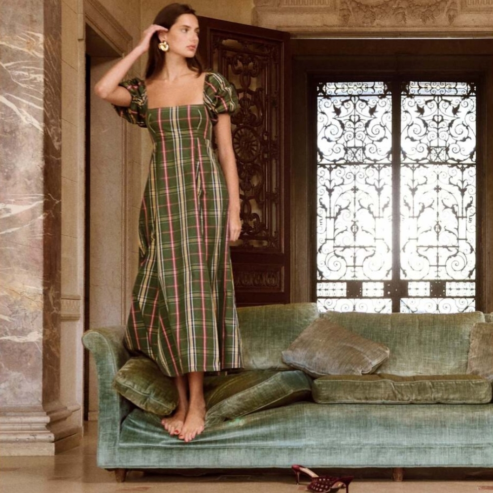 Hill House Matilda In Juniper Tartan, Maxi Dress With Puff Sleeves